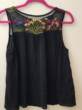 Francescas Blue Rain Black Floral Embroided Top M Boho Cottagecore Green Witch